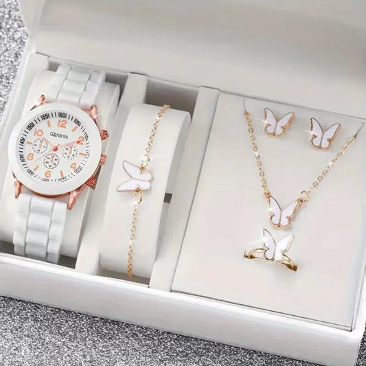 6pcs White Butterfly Women'S Casual Round Dial Watch And Jewelry Set