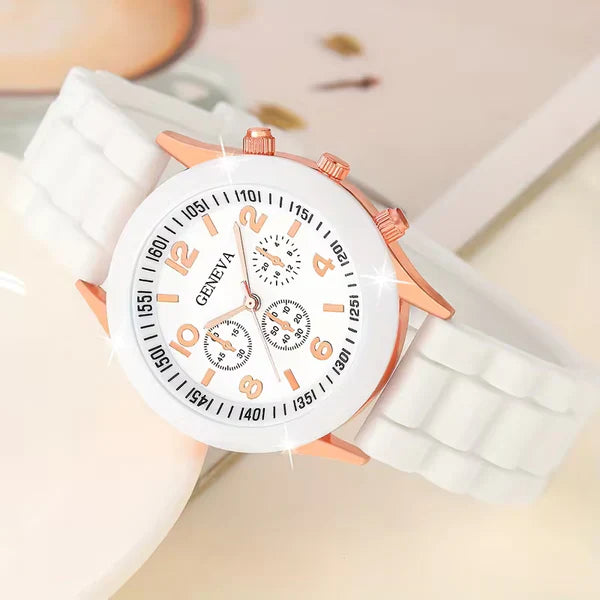 6pcs White Butterfly Women'S Casual Round Dial Watch And Jewelry Set