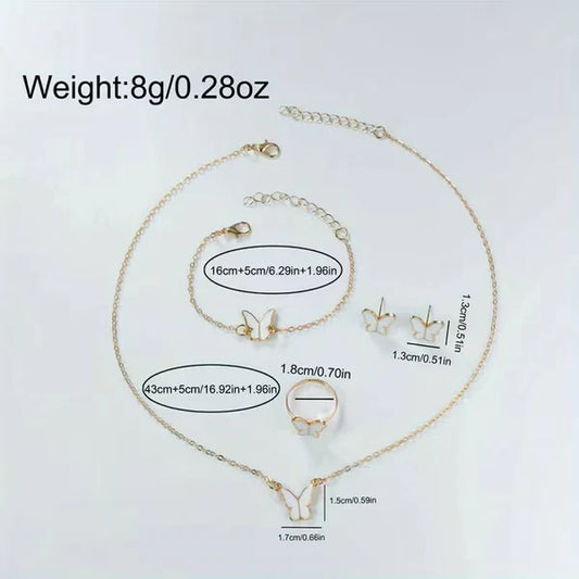 6pcs White Butterfly Women'S Casual Round Dial Watch And Jewelry Set
